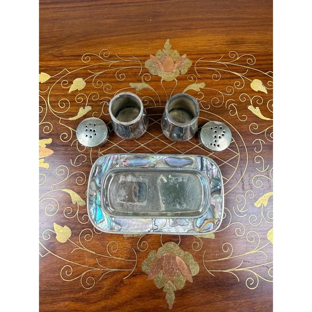 Vintage Mexican Alpaca Silver Abalone Salt & Pepper Shakers with Tray